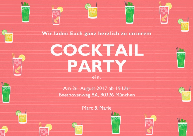 Cocktail oder Drinks Einladungskarte mit bunten Cocktailgläsern. Rosa.