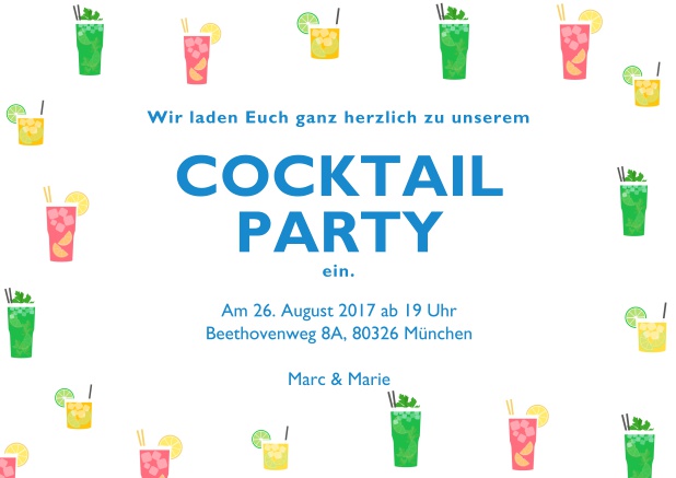 Cocktail oder Drinks Online Einladungskarte mit bunten Cocktailgläsern. Weiss.