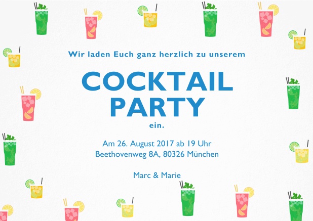 Cocktail oder Drinks Einladungskarte mit bunten Cocktailgläsern. Weiss.