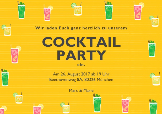 Cocktail oder Drinks Online Einladungskarte mit bunten Cocktailgläsern. Gelb.