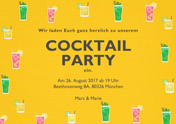 Cocktail oder Drinks Einladungskarte mit bunten Cocktailgläsern. Gelb.