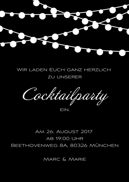 Online Sommer Cocktaileinladungskarte in verschiedenen Farben mit bunten Lichtern Schwarz.