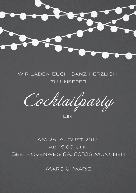Sommer Cocktaileinladungskarte in verschiedenen Farben mit bunten Lichtern Grau.