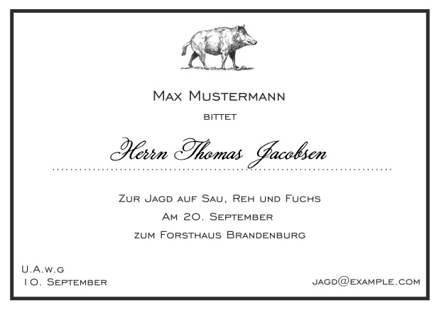 Online Classic hunting invitation card with strong wild boar and fine thin frame in various colors. Black.