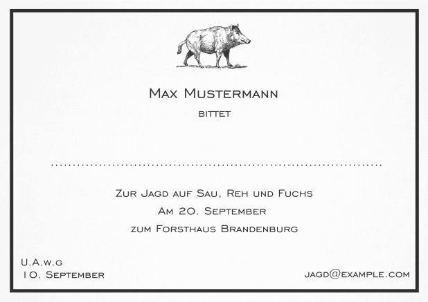 Klassische Einladungskarte zur Jagd mit starkem Wildschwein und feiner Linie als Rahmen. Schwarz.