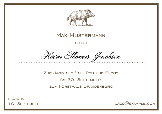 Online Classic hunting invitation card with strong wild boar and fine thin frame in various colors. Brown.