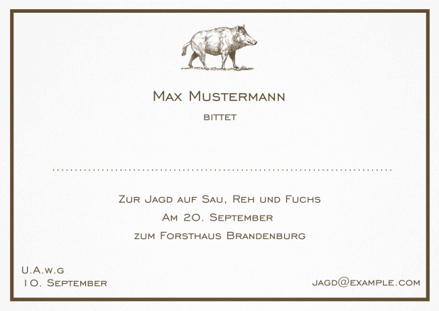 Klassische Einladungskarte zur Jagd mit starkem Wildschwein und feiner Linie als Rahmen. Braun.