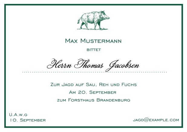 Online Classic hunting invitation card with strong wild boar and fine thin frame in various colors. Green.