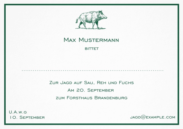 Klassische Einladungskarte zur Jagd mit starkem Wildschwein und feiner Linie als Rahmen. Grün.