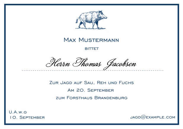 Online Classic hunting invitation card with strong wild boar and fine thin frame in various colors. Navy.