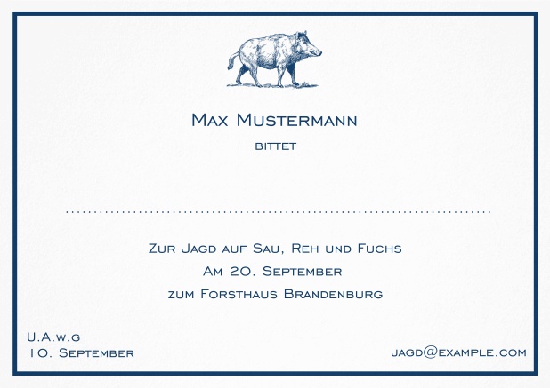 Classic hunting invitation card with strong wild boar and fine thin frame in various colors. Navy.