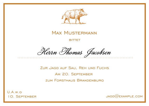 Online Classic hunting invitation card with strong wild boar and fine thin frame in various colors. Orange.