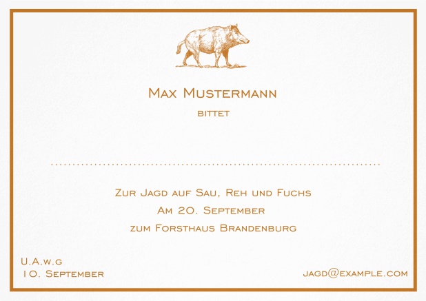 Klassische Einladungskarte zur Jagd mit starkem Wildschwein und feiner Linie als Rahmen. Orange.