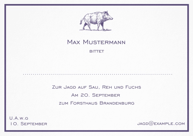 Klassische Einladungskarte zur Jagd mit starkem Wildschwein und feiner Linie als Rahmen. Lila.