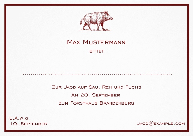 Klassische Einladungskarte zur Jagd mit starkem Wildschwein und feiner Linie als Rahmen. Rot.