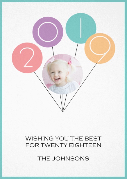 Happy New Year card with colorful balloons each boasting a number in 2019.