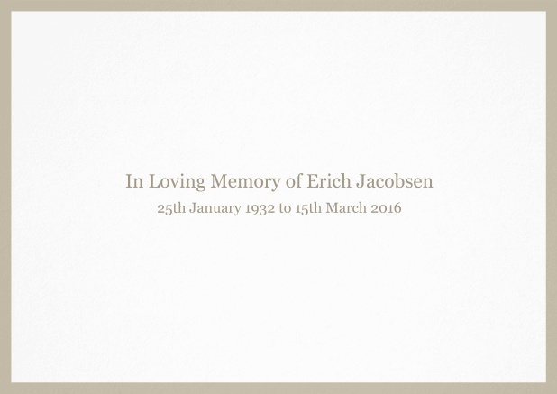 Classic Memorial invitation card with black frame and famous quote. Beige.