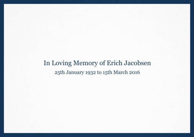 Classic Memorial invitation card with black frame and famous quote. Navy.