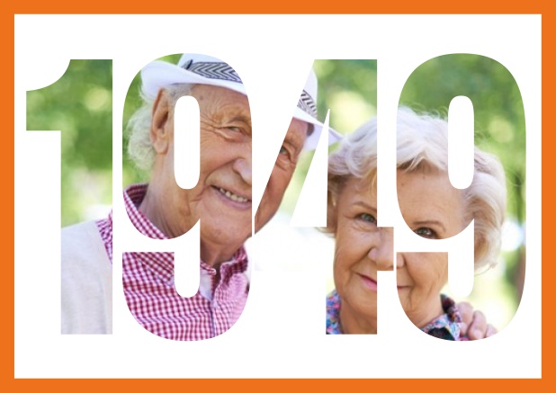 1949 geboren mit Rahmen - Orange - 70. Geburtstag Online Einladungskarte zum 70. Geburtstag mit ausgeschnittenem Geburtsjahr 1949 über einem Foto. Orange.