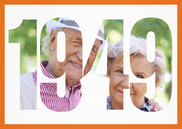 1949 geboren mit Rahmen - Orange - 70. Geburtstag Einladungskarte zum 70. Geburtstag mit ausgeschnittenem Geburtsjahr 1949 über einem Foto. Orange.