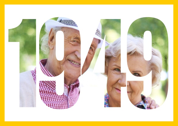 Online Einladungskarte zum 70. Geburtstag mit ausgeschnittenem Geburtsjahr 1949 über einem Foto. Gelb.