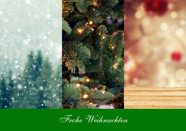 Online Weihnachtskarte mit 3 Fotos zum selber hochladen und editierbarem Text und Farbauswahl Grün.