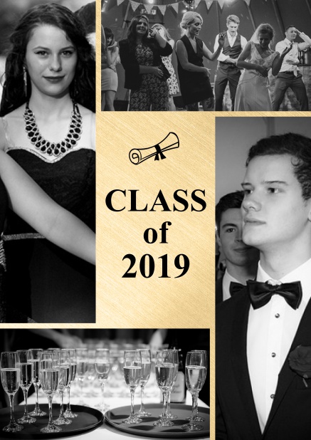 Class of 2019 graduation online invitation card with four photos and golden text field.