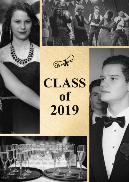Class of 2019 graduation invitation card with four photos and golden text field.