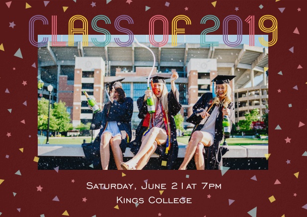 Class of 2019 graduation invitation card with photo and colorful text. Red.