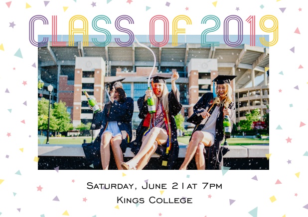 Class of 2019 graduation online invitation card with photo and colorful text. White.