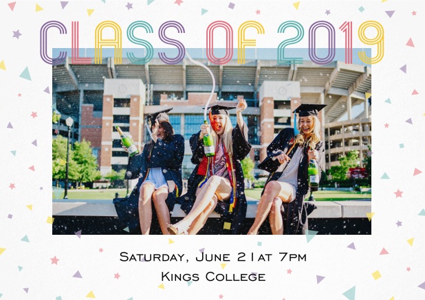 Class of 2019 graduation invitation card with photo and colorful text. White.