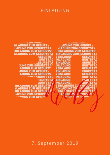 Online Einladungskarte zum 30. Geburtstag mit Zahl 30 und ausgeschriebenem dreißig Orange.