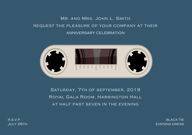 Online invitation card designed as a cassette in color of choice. Blue.
