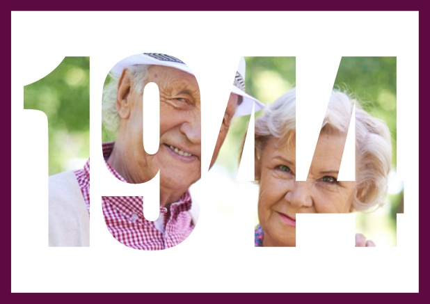 Online invitation card with cut out 1944 for own photo for all who are born 1944 Purple.