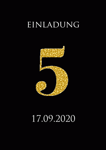 Online Einladungskarte zum 5. Jahrestag mit einer Zahl 5 mit gold animierten Mosaiken. Schwarz.