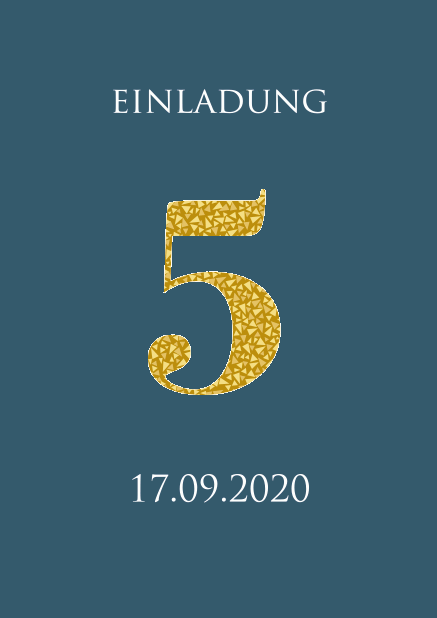 Online Einladungskarte zum 5. Jahrestag mit einer Zahl 5 mit gold animierten Mosaiken. Blau.
