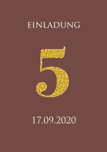 Online Einladungskarte zum 5. Jahrestag mit einer Zahl 5 mit gold animierten Mosaiken. Gold.