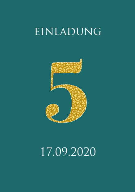 Online Einladungskarte zum 5. Jahrestag mit einer Zahl 5 mit gold animierten Mosaiken. Grün.