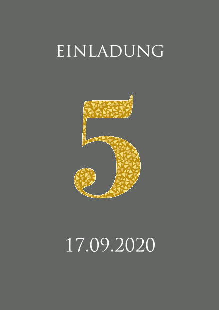 Online Einladungskarte zum 5. Jahrestag mit einer Zahl 5 mit gold animierten Mosaiken. Grau.