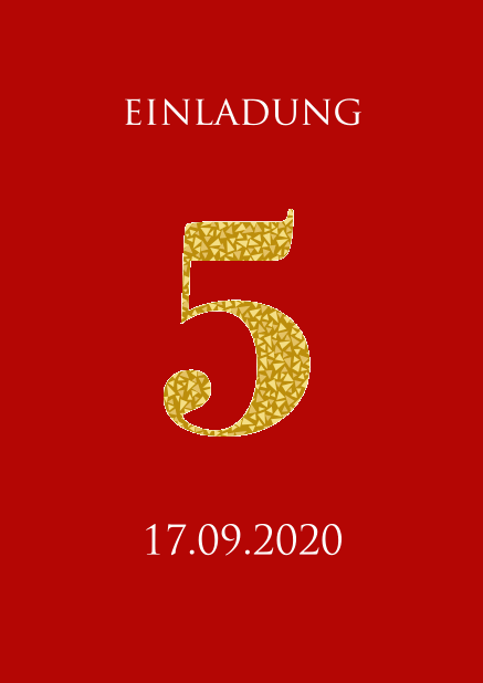 Online Einladungskarte zum 5. Jahrestag mit einer Zahl 5 mit gold animierten Mosaiken. Rot.