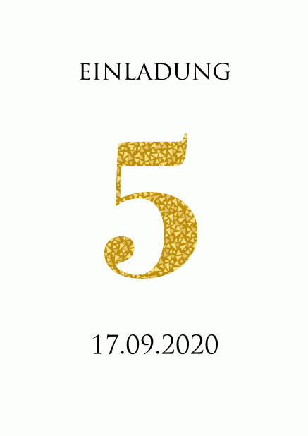 Online Einladungskarte zum 5. Jahrestag mit einer Zahl 5 mit gold animierten Mosaiken. Weiss.