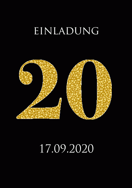 Online Einladungskarte zum 20. Jahrestag mit animierten goldenen Mosaiksteinen. Schwarz.