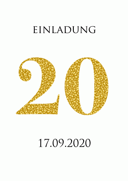Online Einladungskarte zum 20. Jahrestag mit animierten goldenen Mosaiksteinen. Weiss.
