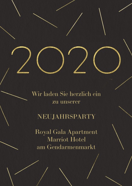 Einladungskarte zur Silvesterparty mit goldener 2020 und Sticks