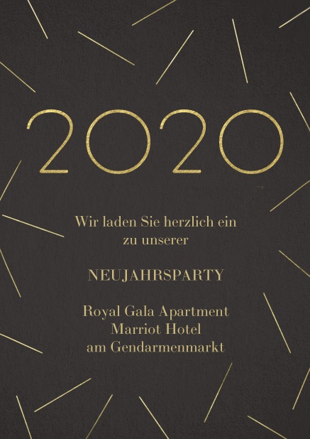 Einladungskarte zur Silvesterparty mit goldener 2020 und Sticks