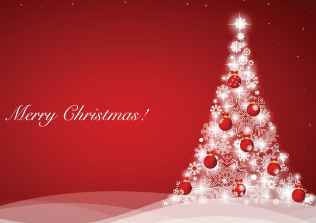 Papierlose Einladungskarte zur Weihnachtsfeier mit glänzendem weißen Weihnachtsbaum mit roten Kugeln.