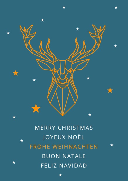 Online Blaue Weihnachtskarte mit großem goldenen Rentier Sternzeichen.