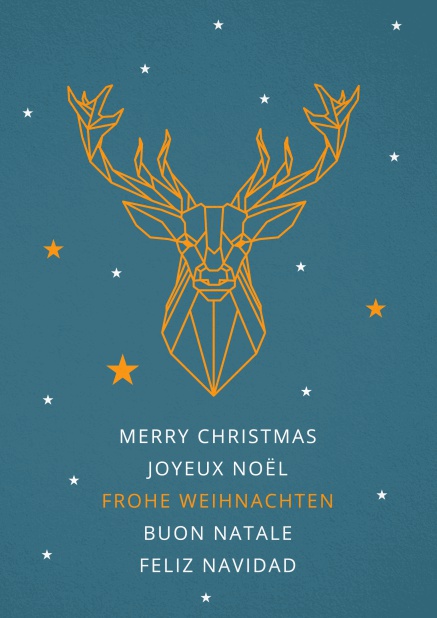 Blaue Weihnachtskarte mit großem goldenen Rentier Sternzeichen.