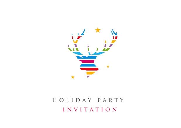 Online White Holiday Party invitation card with colorful reindeer antlers and golden stars.