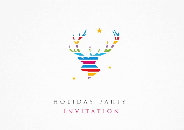 White Holiday Party invitation card with colorful reindeer antlers and golden stars.